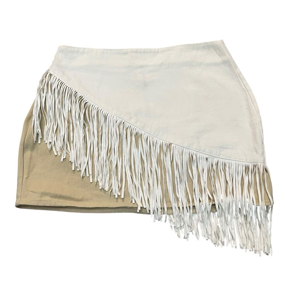 Le Lis Western Fringe Mini Skirt Large Colorblock Boho Festival White Tan Denim
